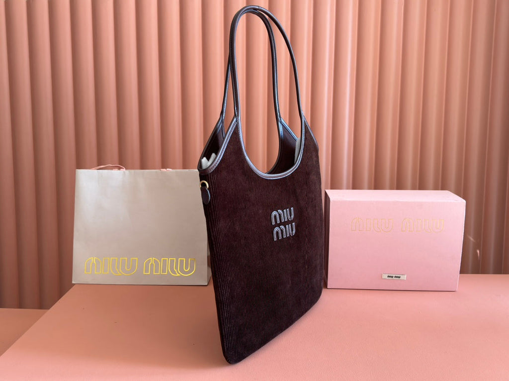 Miu Miu 26S Ivy 40 Tote in Chocolate Brown Canvas and Dark Brown Calfskin