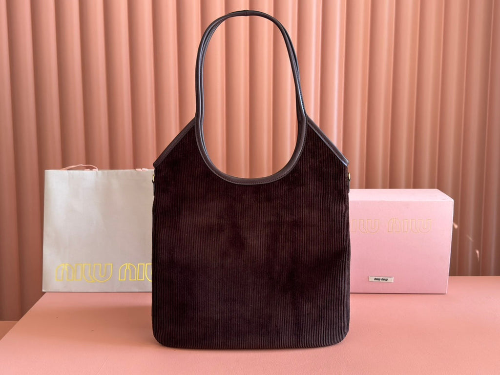Miu Miu 26S Ivy 40 Tote in Chocolate Brown Canvas and Dark Brown Calfskin