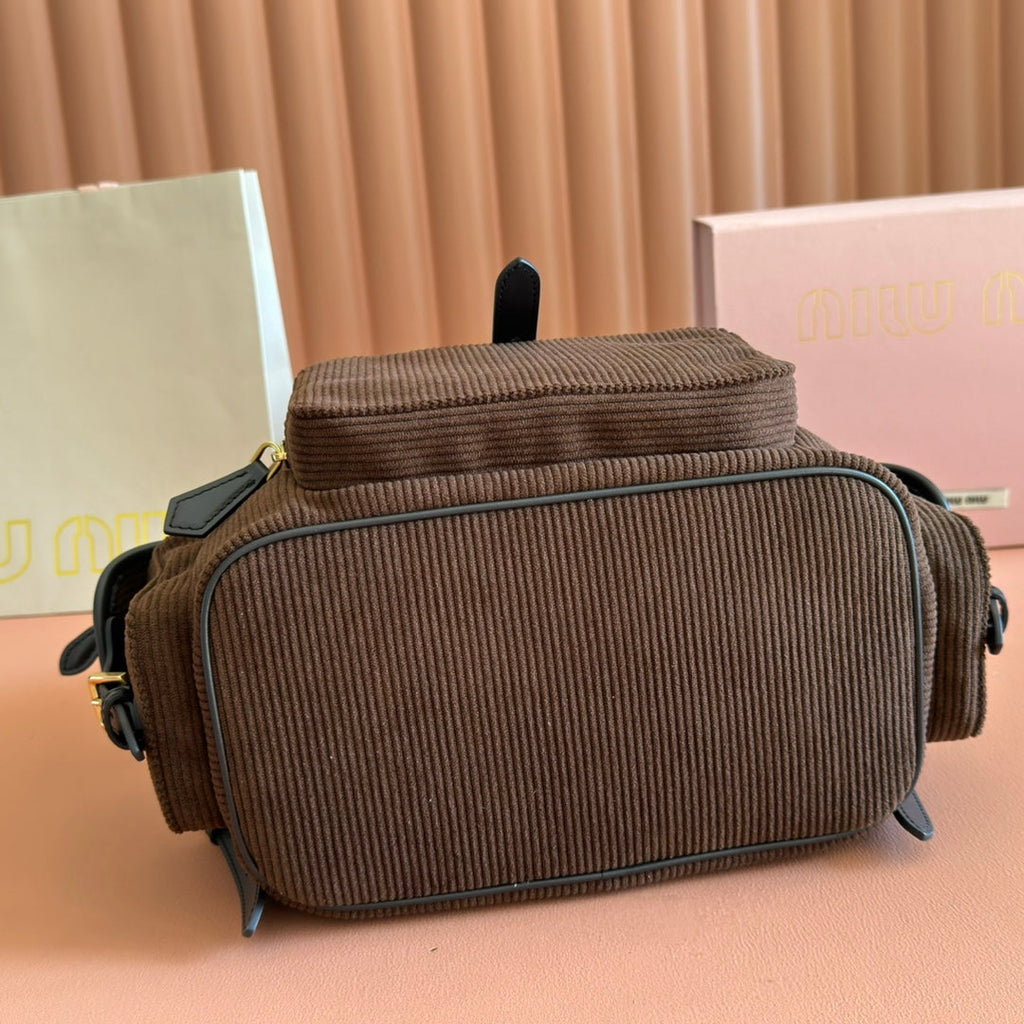 Miu Miu 26S Medium Backpack 29 in Chocolate Brown Canvas Black Calfskin