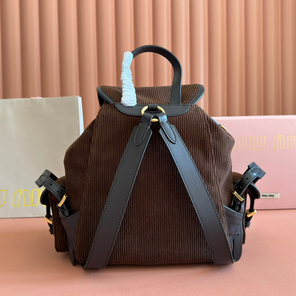 Miu Miu 26S Medium Backpack 29 in Chocolate Brown Canvas Black Calfskin