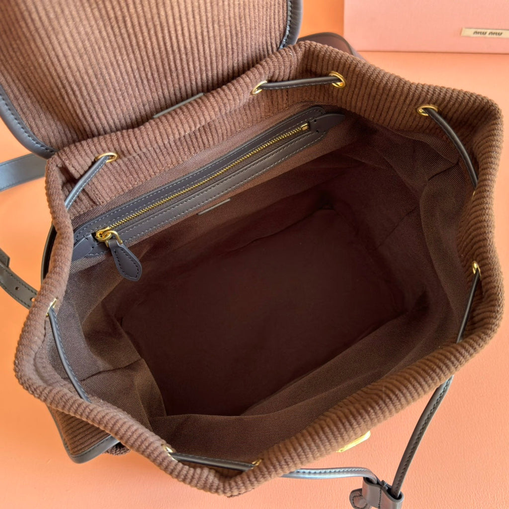 Miu Miu 26S Medium Backpack 29 in Chocolate Brown Canvas Black Calfskin