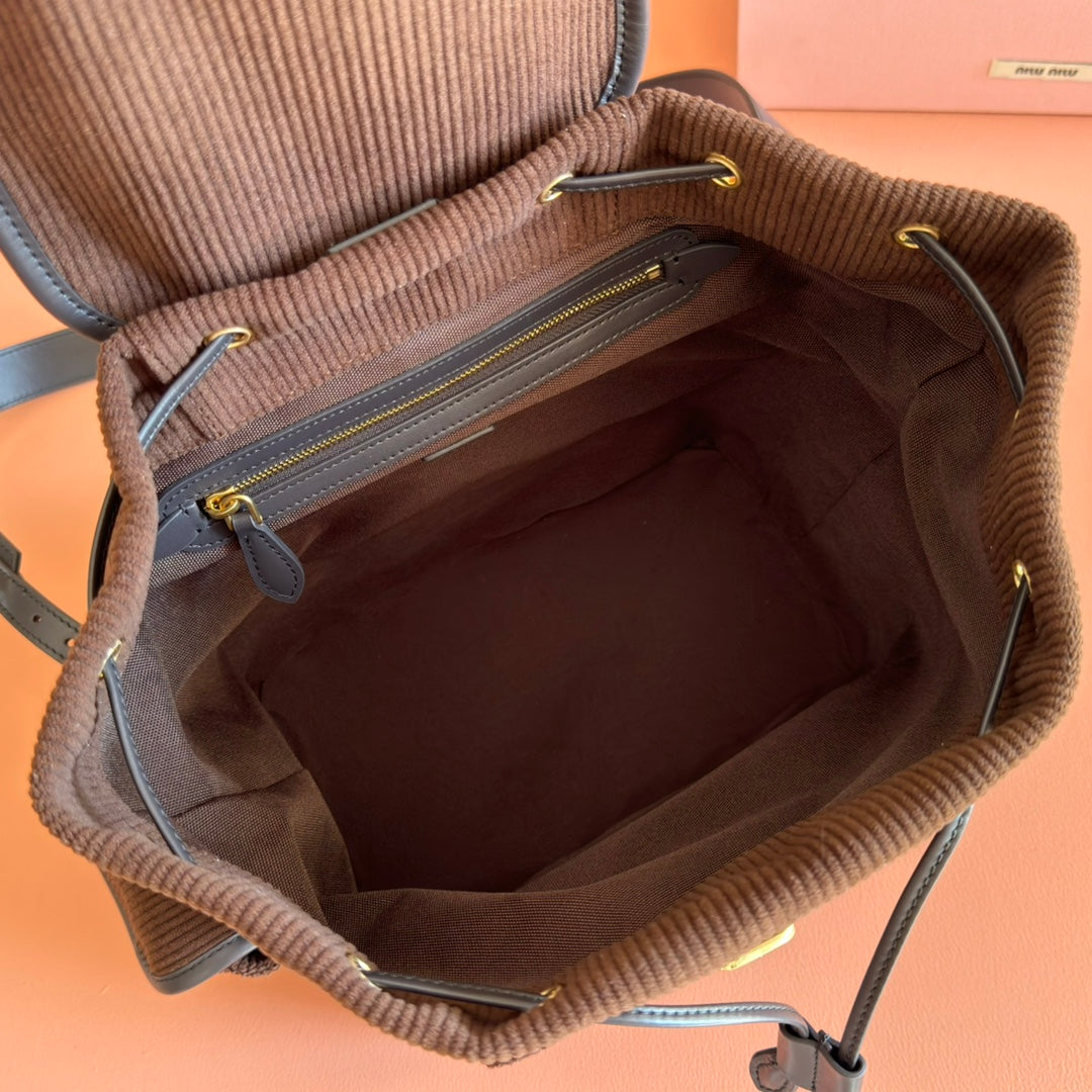 Miu Miu 26S Medium Backpack 29 in Chocolate Brown Canvas Black Calfskin