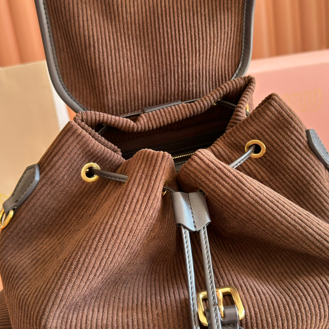 Miu Miu 26S Medium Backpack 29 in Chocolate Brown Canvas Black Calfskin