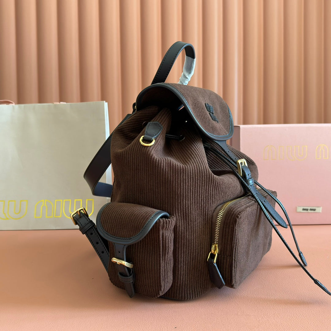 Miu Miu 26S Medium Backpack 29 in Chocolate Brown Canvas Black Calfskin