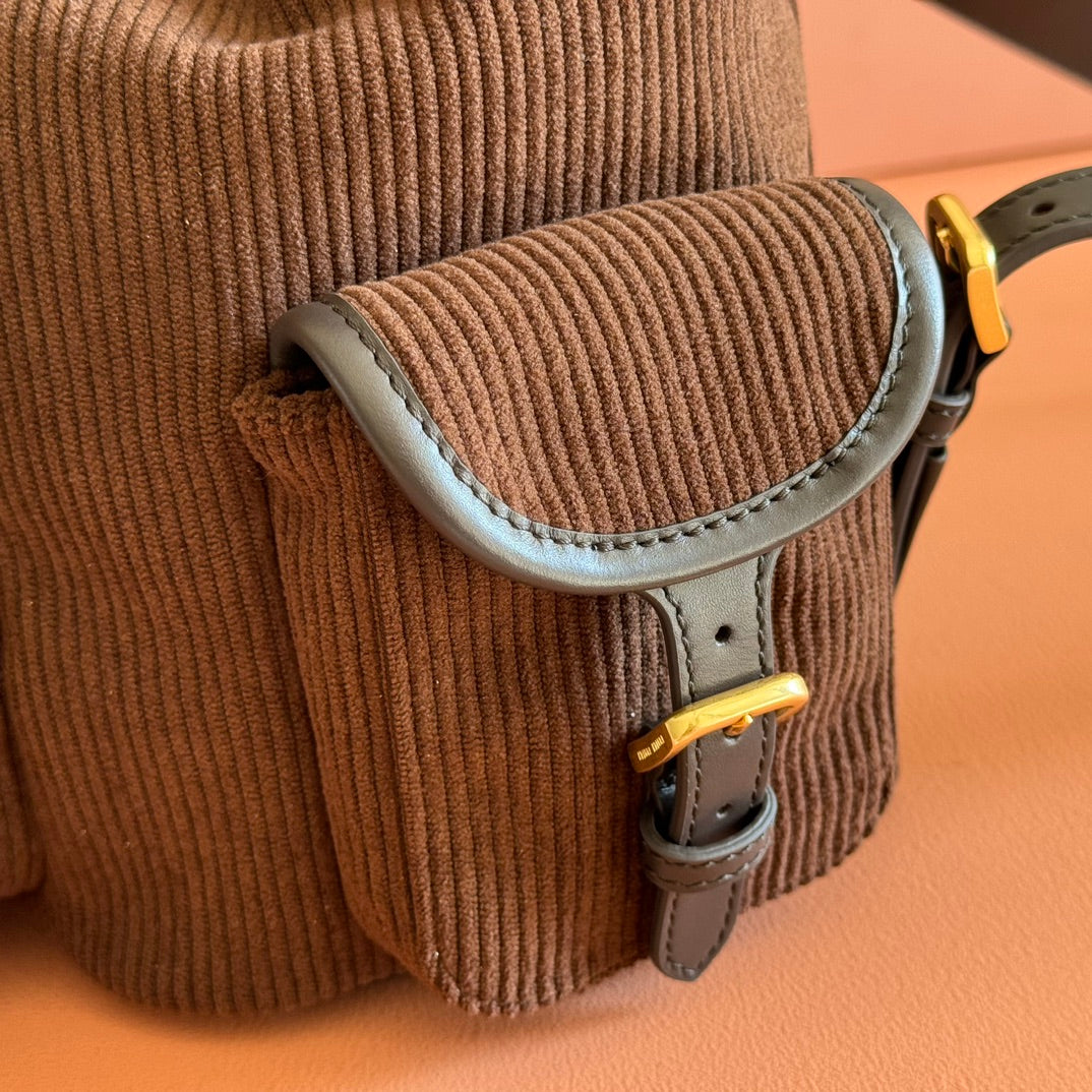 Miu Miu 26S Medium Backpack 29 in Chocolate Brown Canvas Black Calfskin