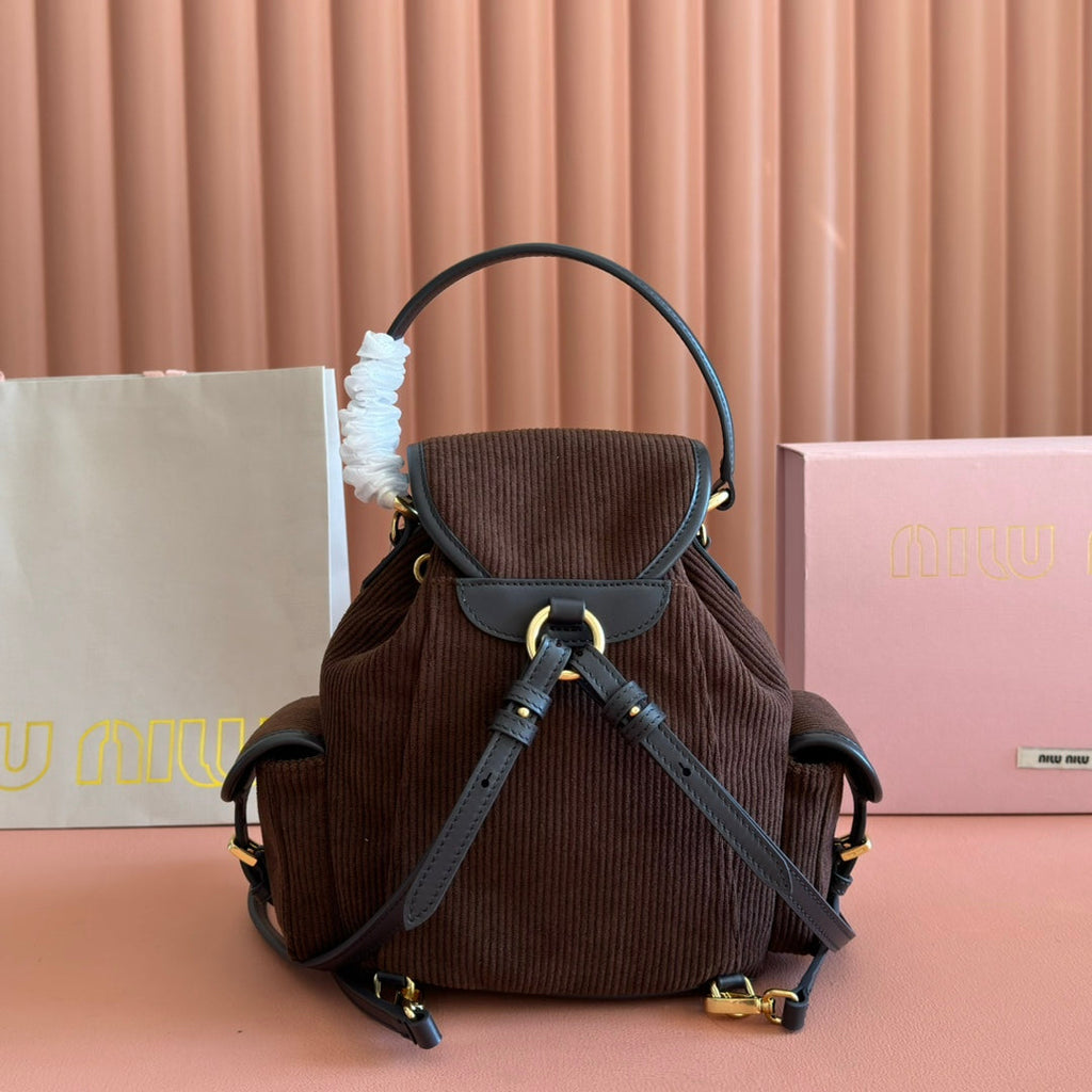 Miu Miu 26S Backpack 22 in Chocolate Brown Canvas Black Calfskin