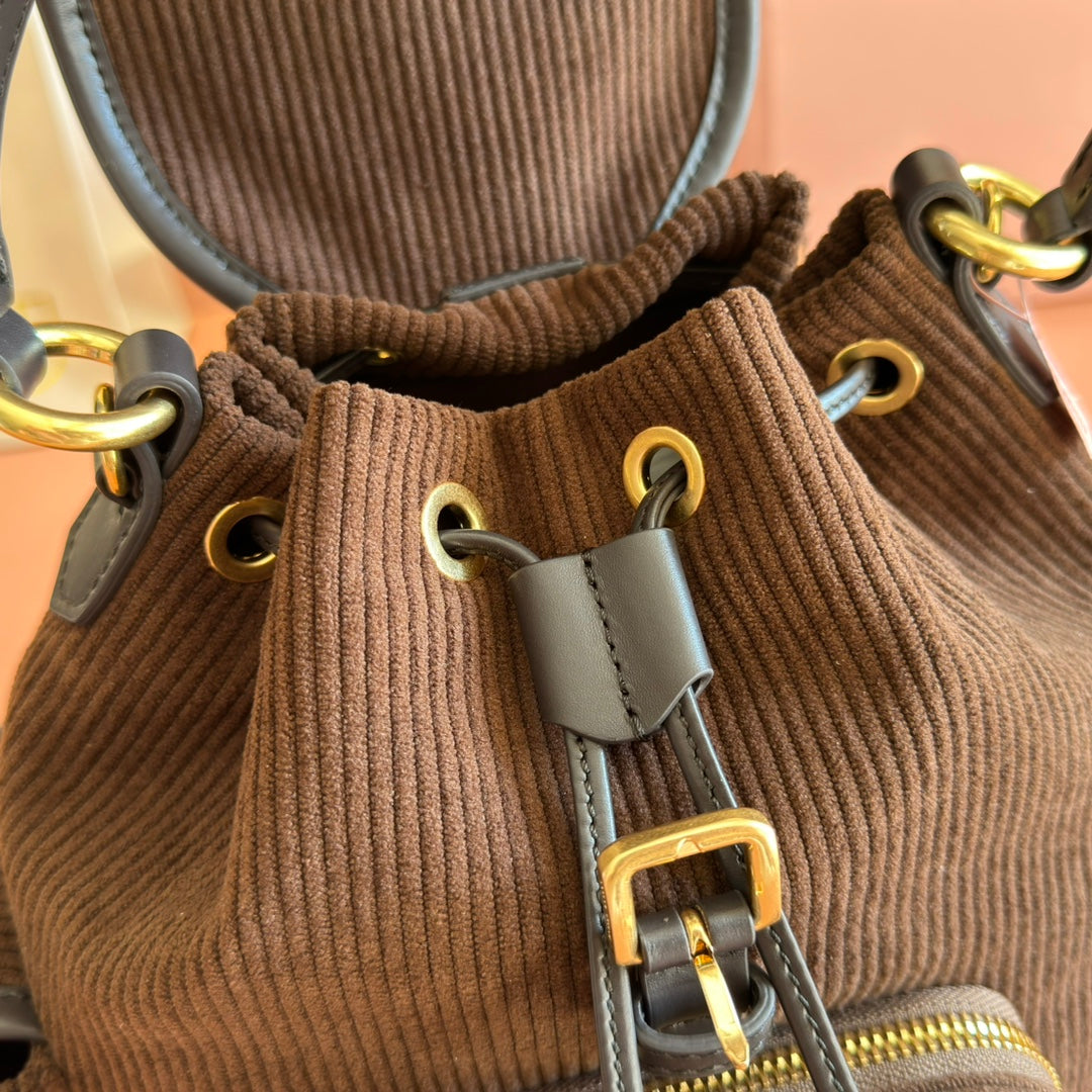 Miu Miu 26S Backpack 22 in Chocolate Brown Canvas Black Calfskin