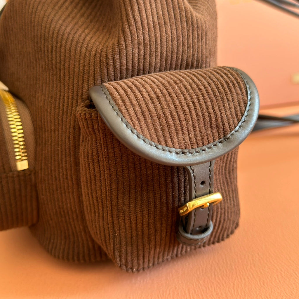 Miu Miu 26S Backpack 22 in Chocolate Brown Canvas Black Calfskin