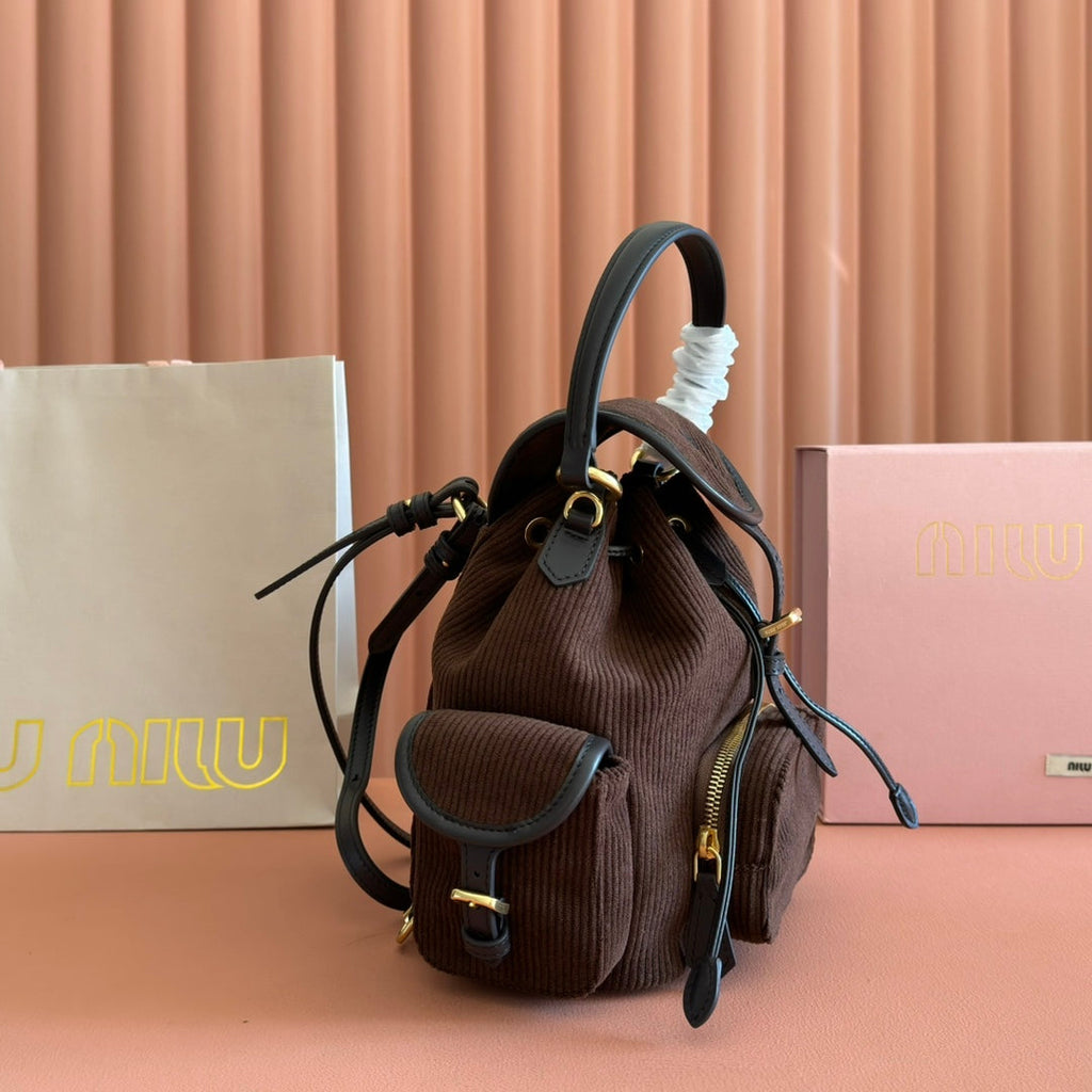 Miu Miu 26S Backpack 22 in Chocolate Brown Canvas Black Calfskin