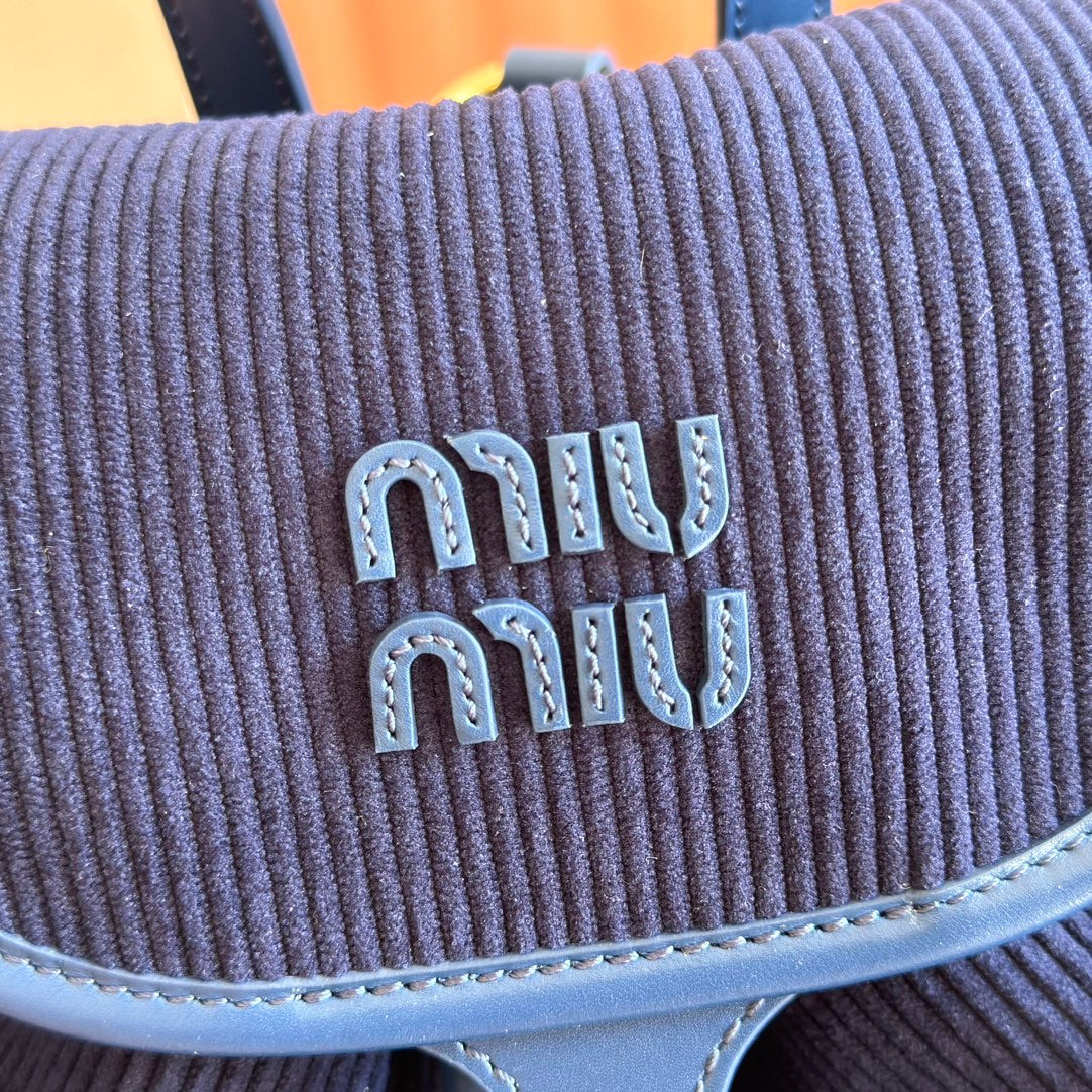 Miu Miu 26S Medium Backpack 29 in Dark Blue Canvas Blue Calfskin