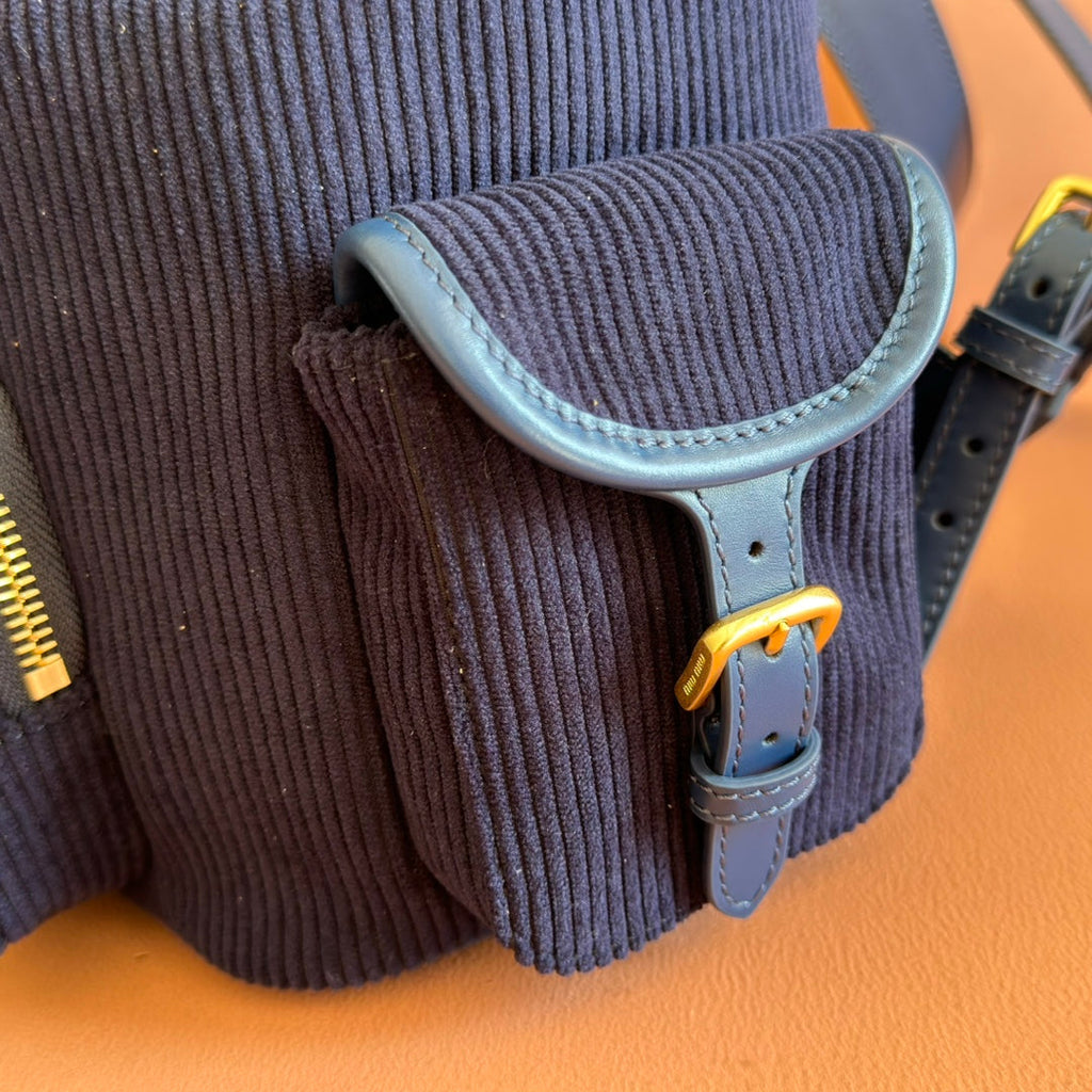 Miu Miu 26S Medium Backpack 29 in Dark Blue Canvas Blue Calfskin