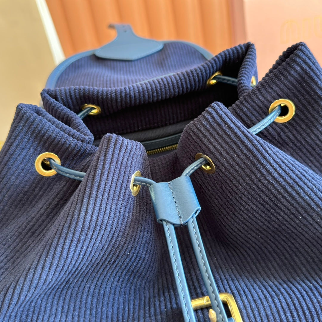 Miu Miu 26S Medium Backpack 29 in Dark Blue Canvas Blue Calfskin