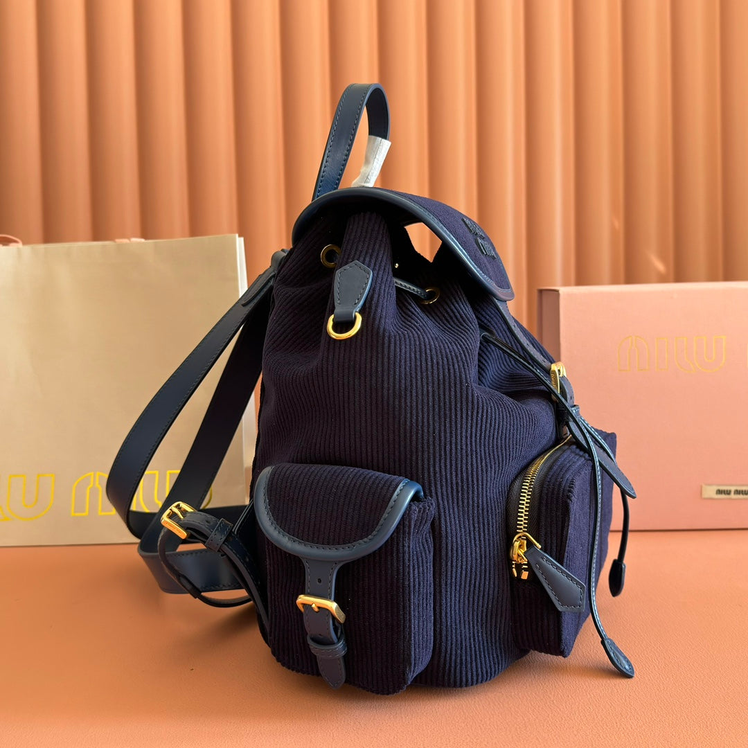 Miu Miu 26S Medium Backpack 29 in Dark Blue Canvas Blue Calfskin