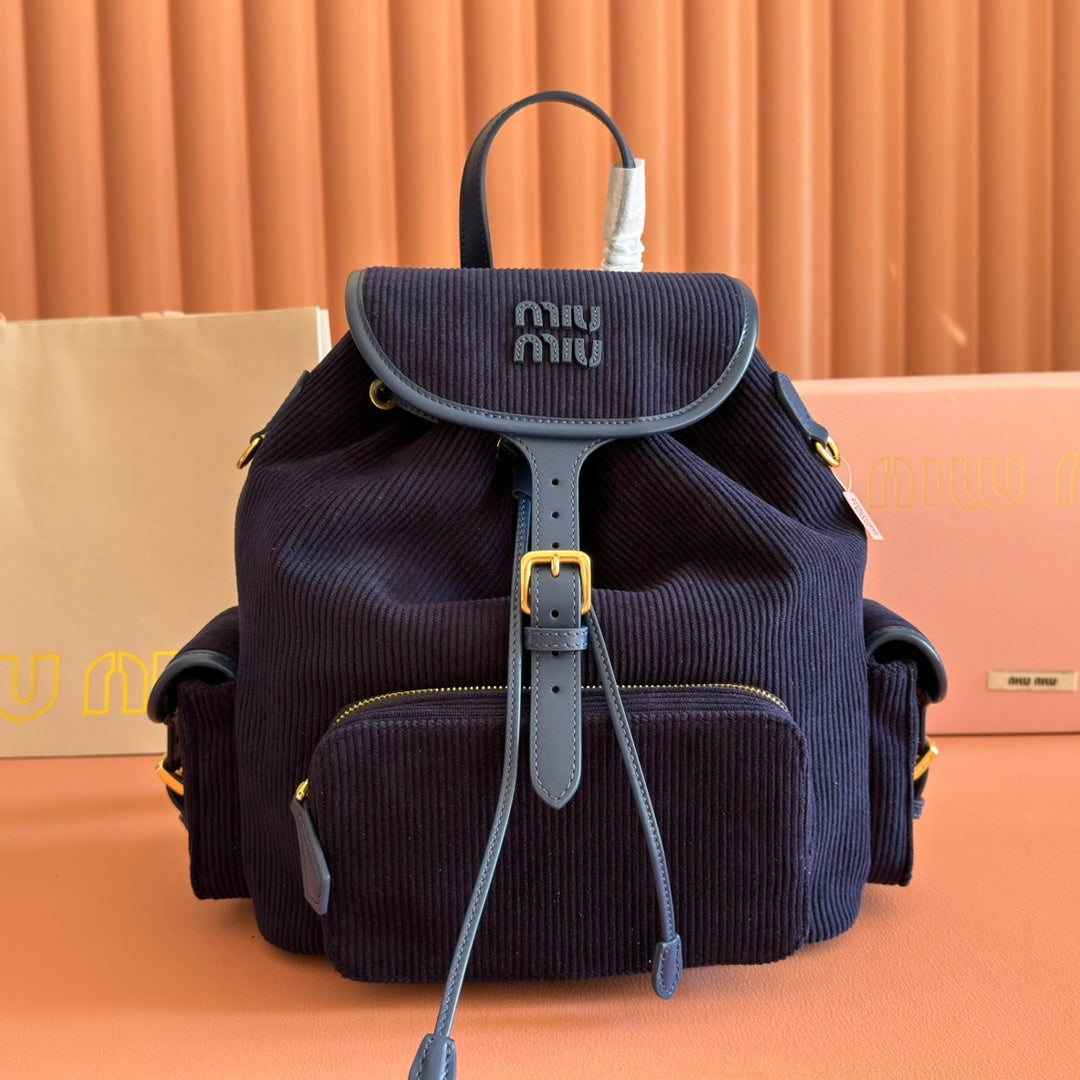 Miu Miu 26S Medium Backpack 29 in Dark Blue Canvas Blue Calfskin