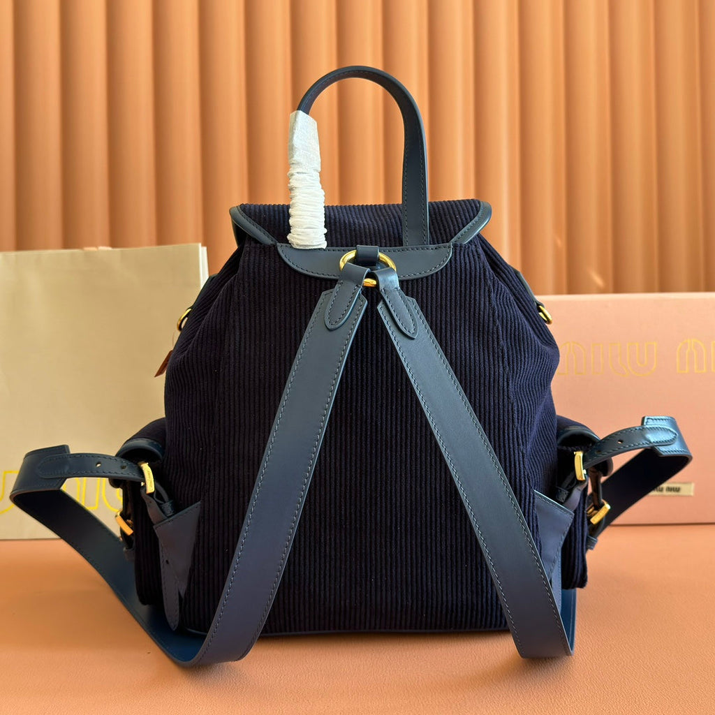 Miu Miu 26S Medium Backpack 29 in Dark Blue Canvas Blue Calfskin