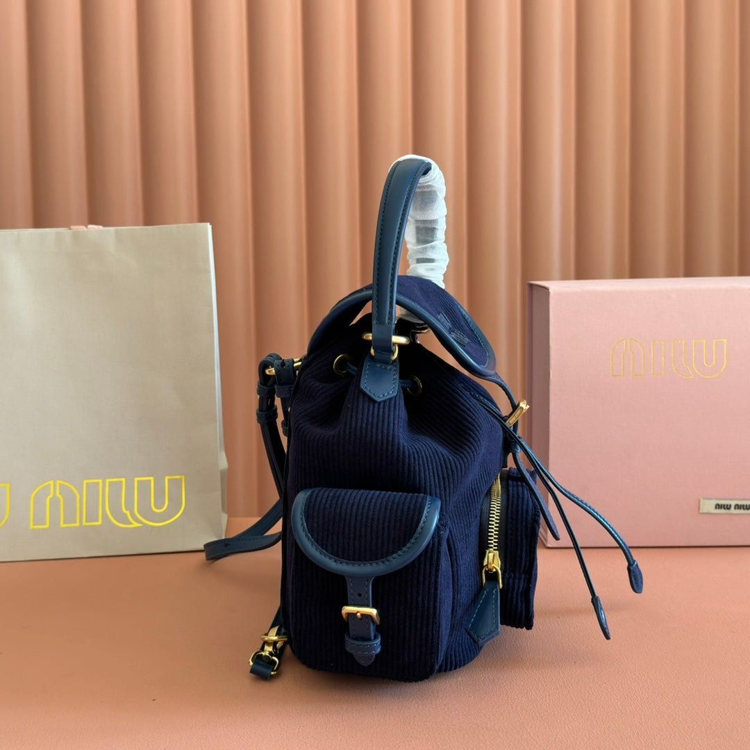 Miu Miu 26S Backpack 22 in Dark Blue Canvas Blue Calfskin