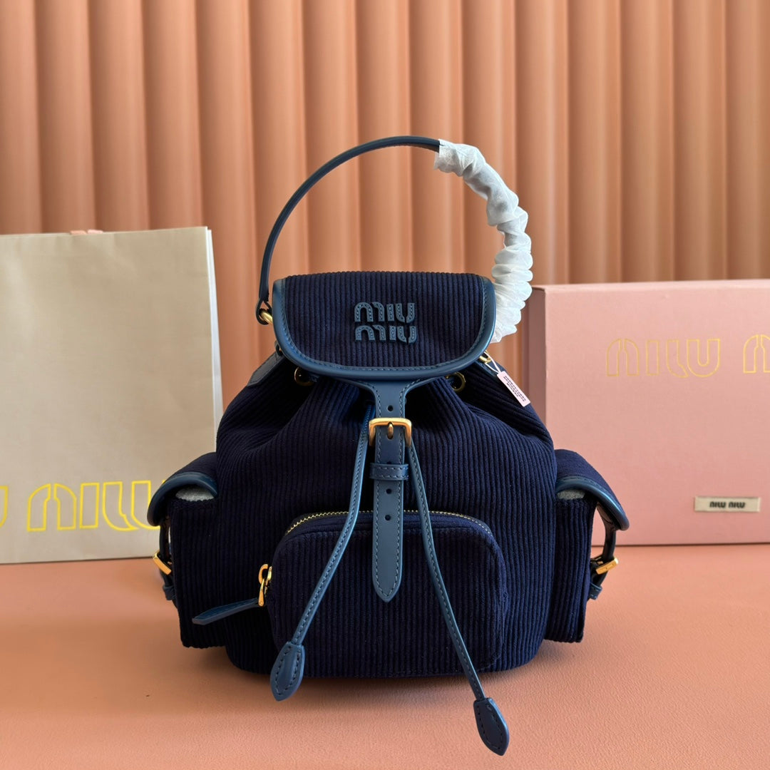 Miu Miu 26S Backpack 22 in Dark Blue Canvas Blue Calfskin