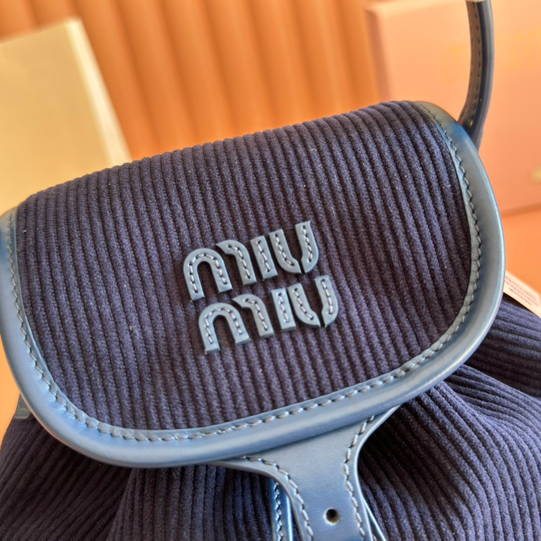 Miu Miu 26S Backpack 22 in Dark Blue Canvas Blue Calfskin