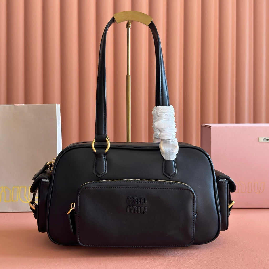 Miu Miu 26S Pocket Top-Handle Bag 32 in Black Calfskin Gold Hardware