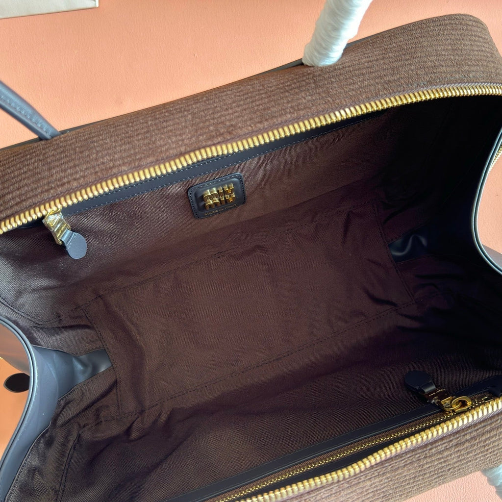 Miu Miu 26S Beau Bag 34 in Chocolate Brown Canvas and Black Calfskin