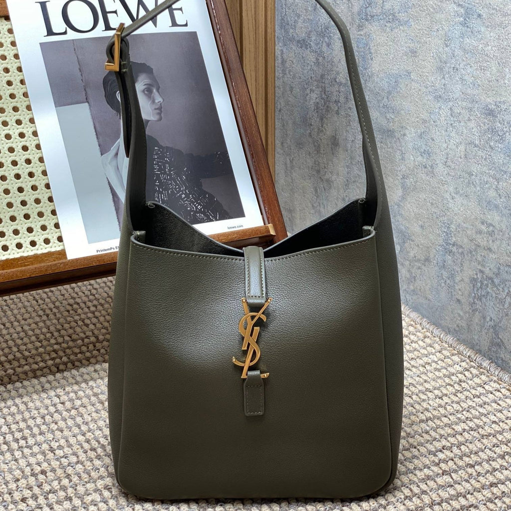 Saint Laurent Le 5 À 7 Small Supple 22 in Dark Green Calfskin Gold Buckle Bag