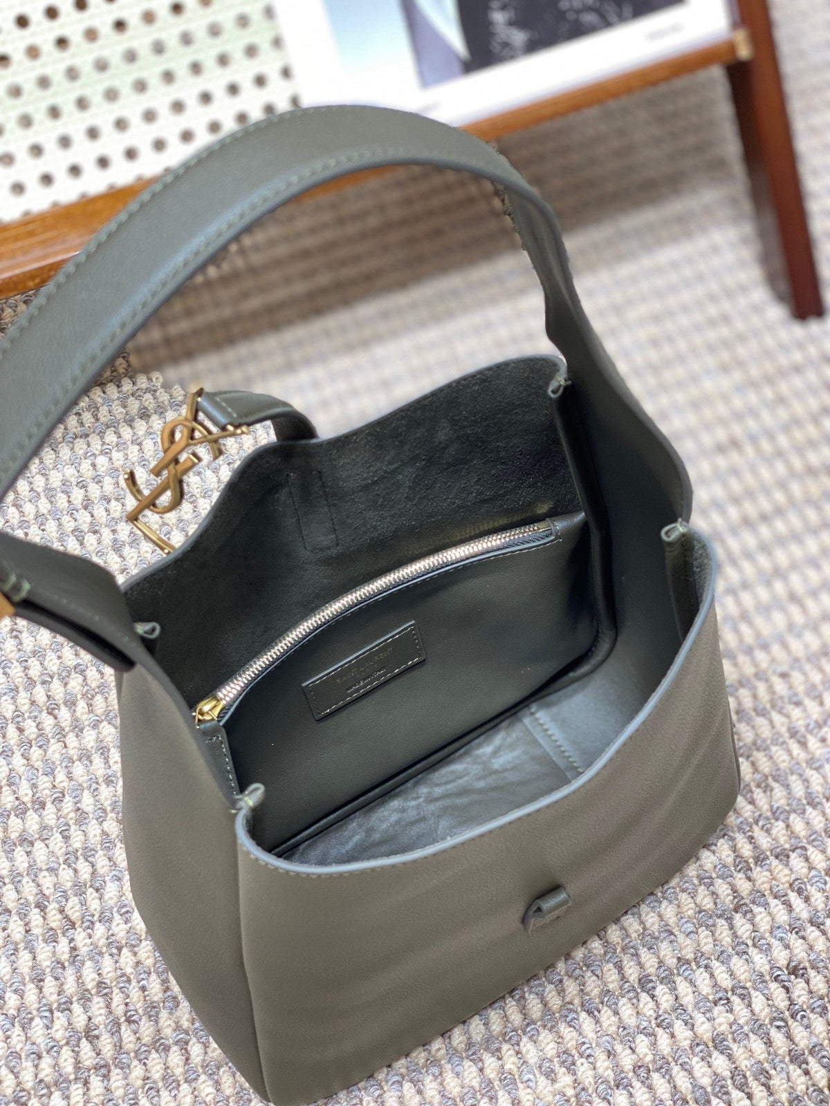 Saint Laurent Le 5 À 7 Small Supple 22 in Dark Green Calfskin Gold Buckle Bag