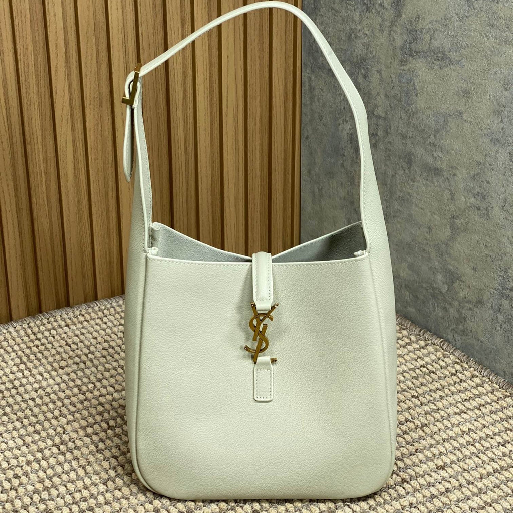 Saint Laurent Le 5 À 7 Small Supple 22 in White Calfskin Gold Buckle Bag