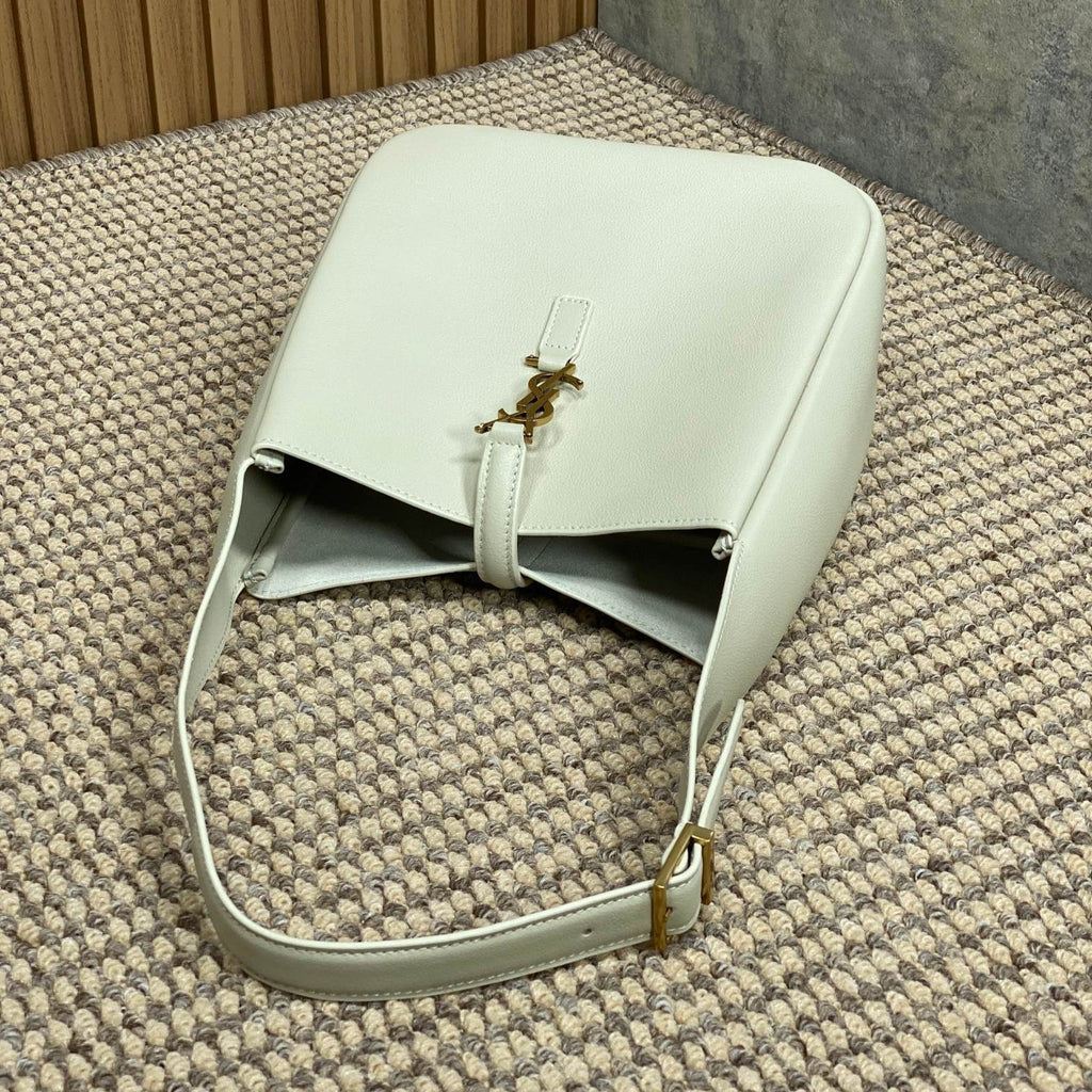 Saint Laurent Le 5 À 7 Small Supple 22 in White Calfskin Gold Buckle Bag