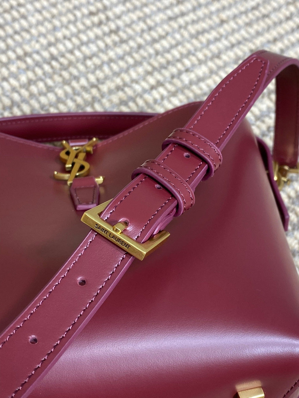 Saint Laurent Le 37 Small Bucket Bag 20 in Burgundy Red Calfskin Gold Hardware