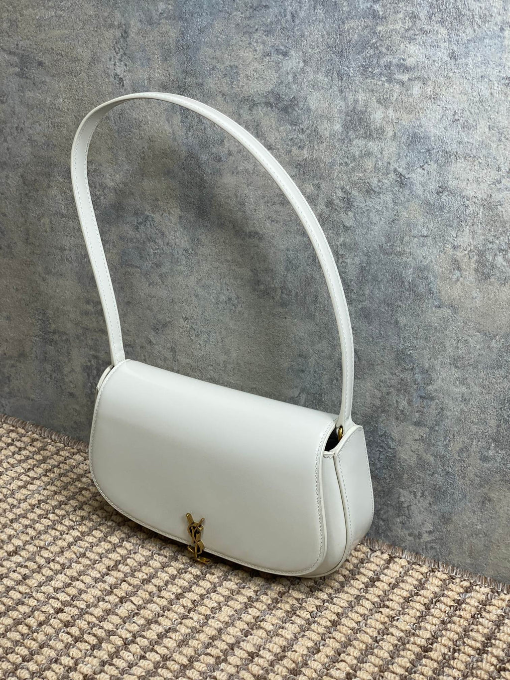 Saint Laurent Voltaire in Box Shoulder Bag 21 in White Calfskin Gold Metallic