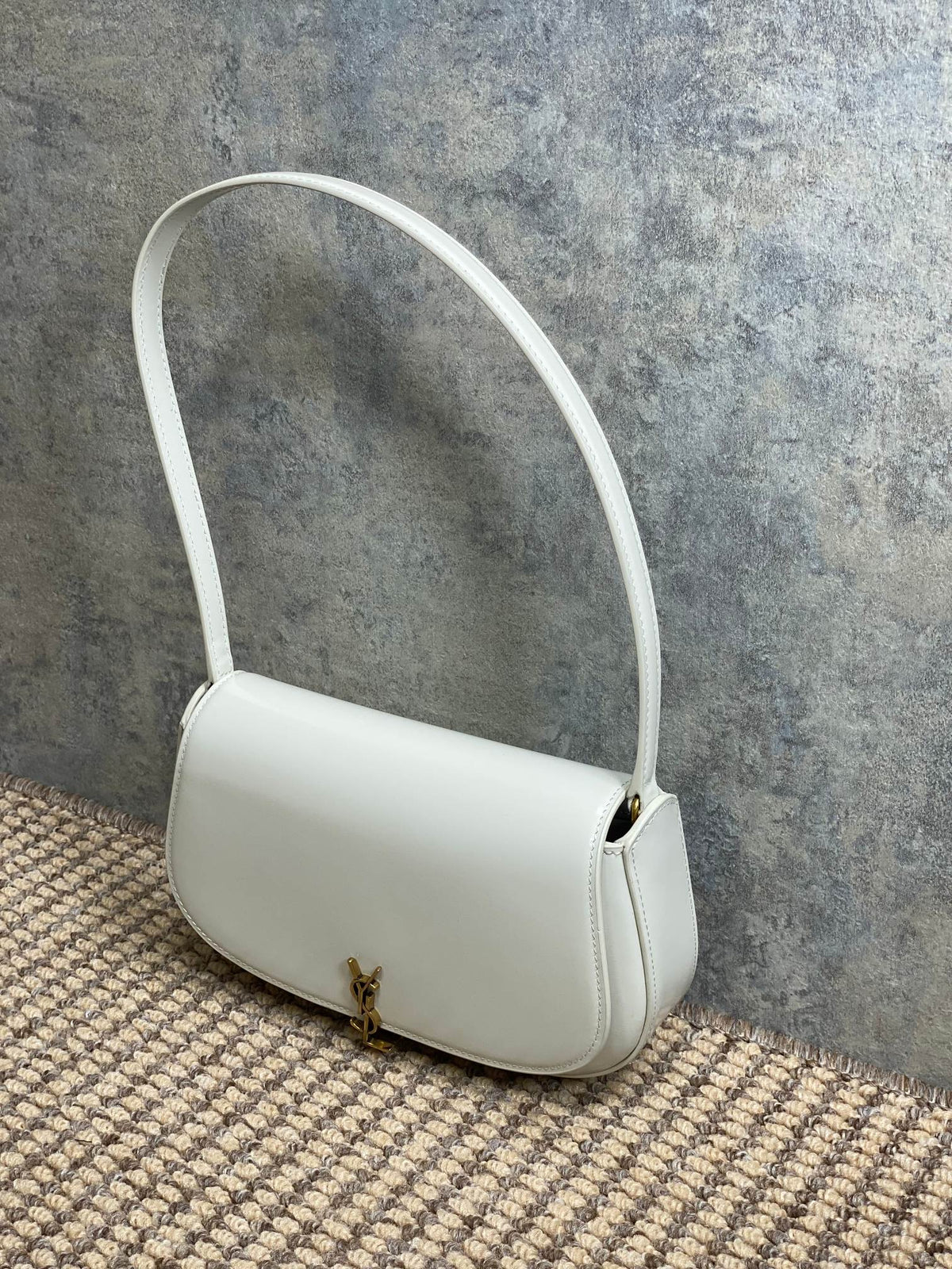 Saint Laurent Voltaire in Box Shoulder Bag 21 in White Calfskin Gold Metallic