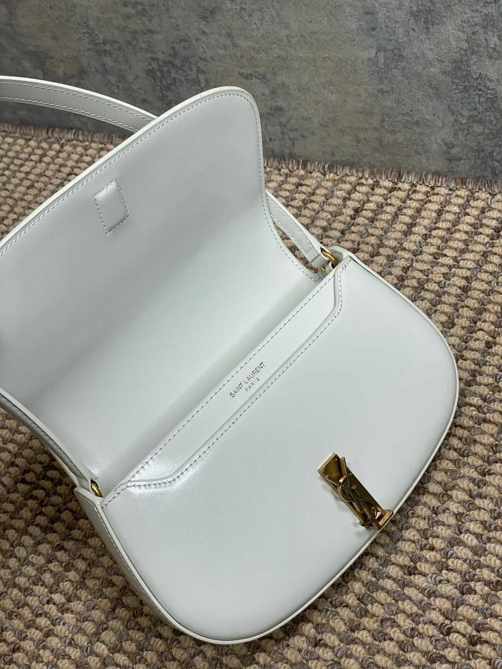 Saint Laurent Voltaire in Box Shoulder Bag 21 in White Calfskin Gold Metallic
