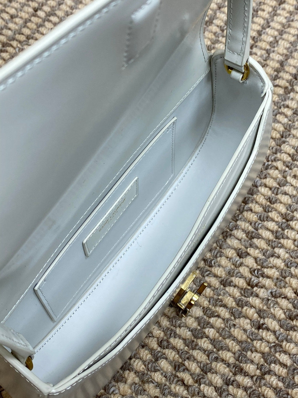 Saint Laurent Voltaire in Box Shoulder Bag 21 in White Calfskin Gold Metallic