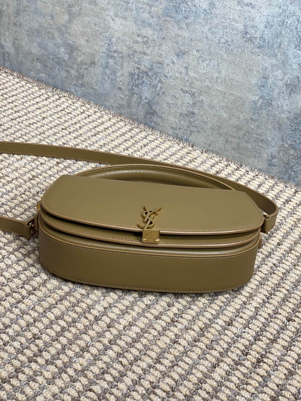 Voltaire Half-Moon Shoulder Bag 24 in Cedar Brown Calfskin Gold Metallic