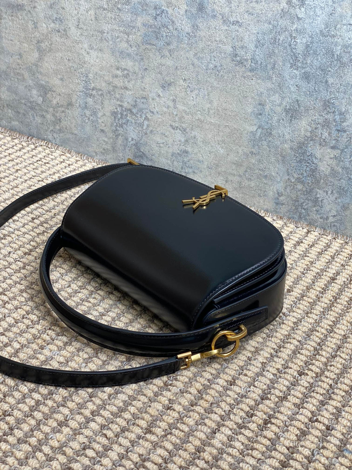 Voltaire Half-Moon Shoulder Bag 24 in Black Calfskin Gold Metallic