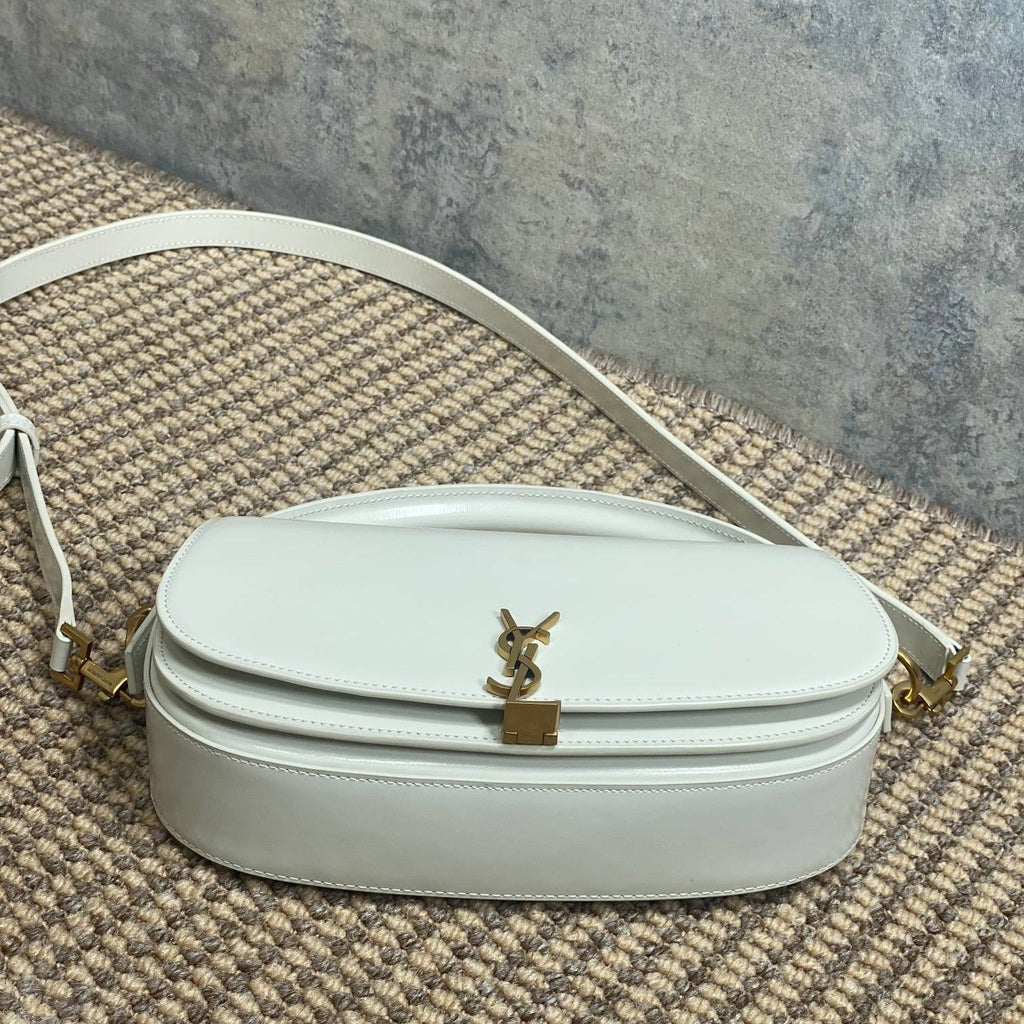 Voltaire Half-Moon Shoulder Bag 24 in White Calfskin Gold Metallic