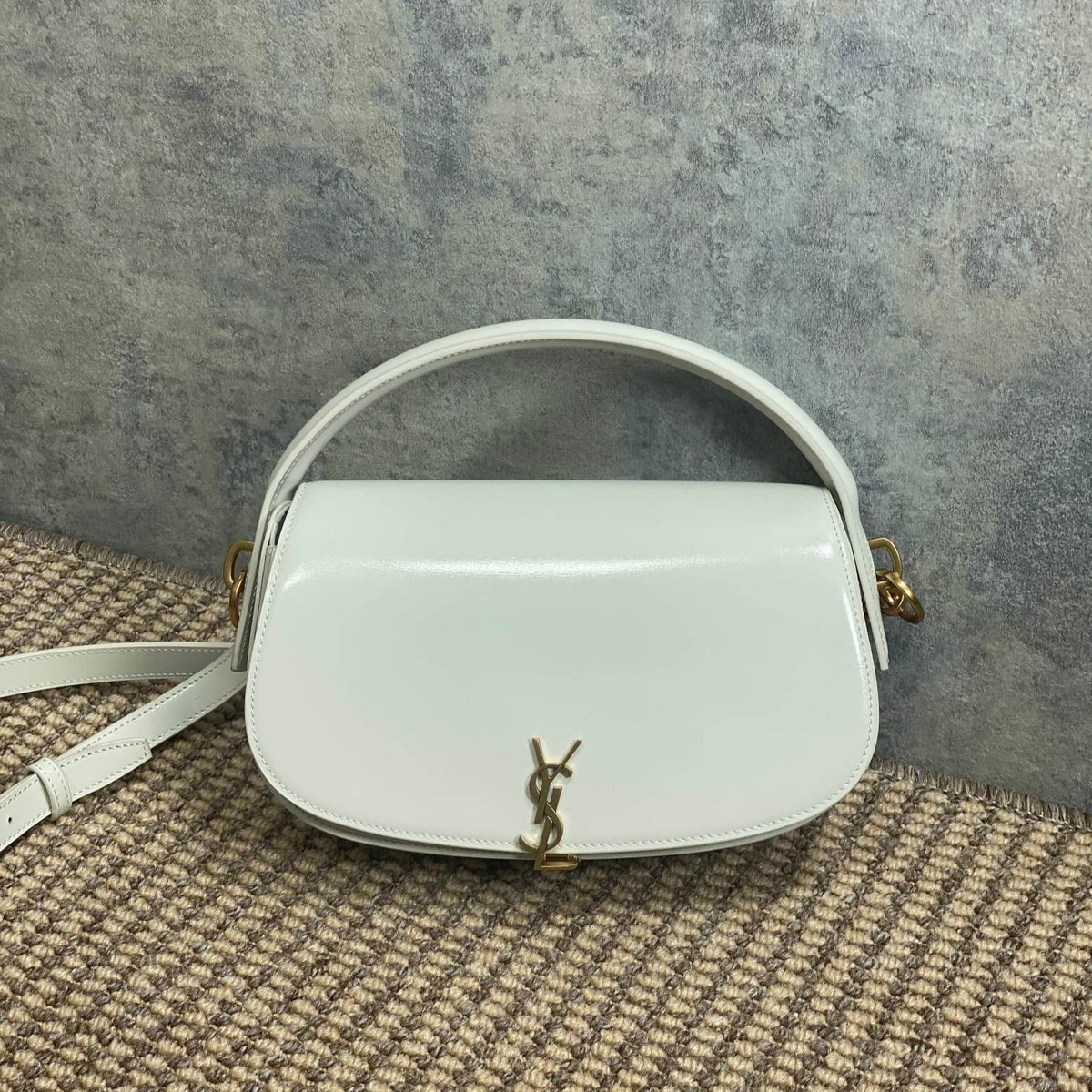 Voltaire Half-Moon Shoulder Bag 24 in White Calfskin Gold Metallic