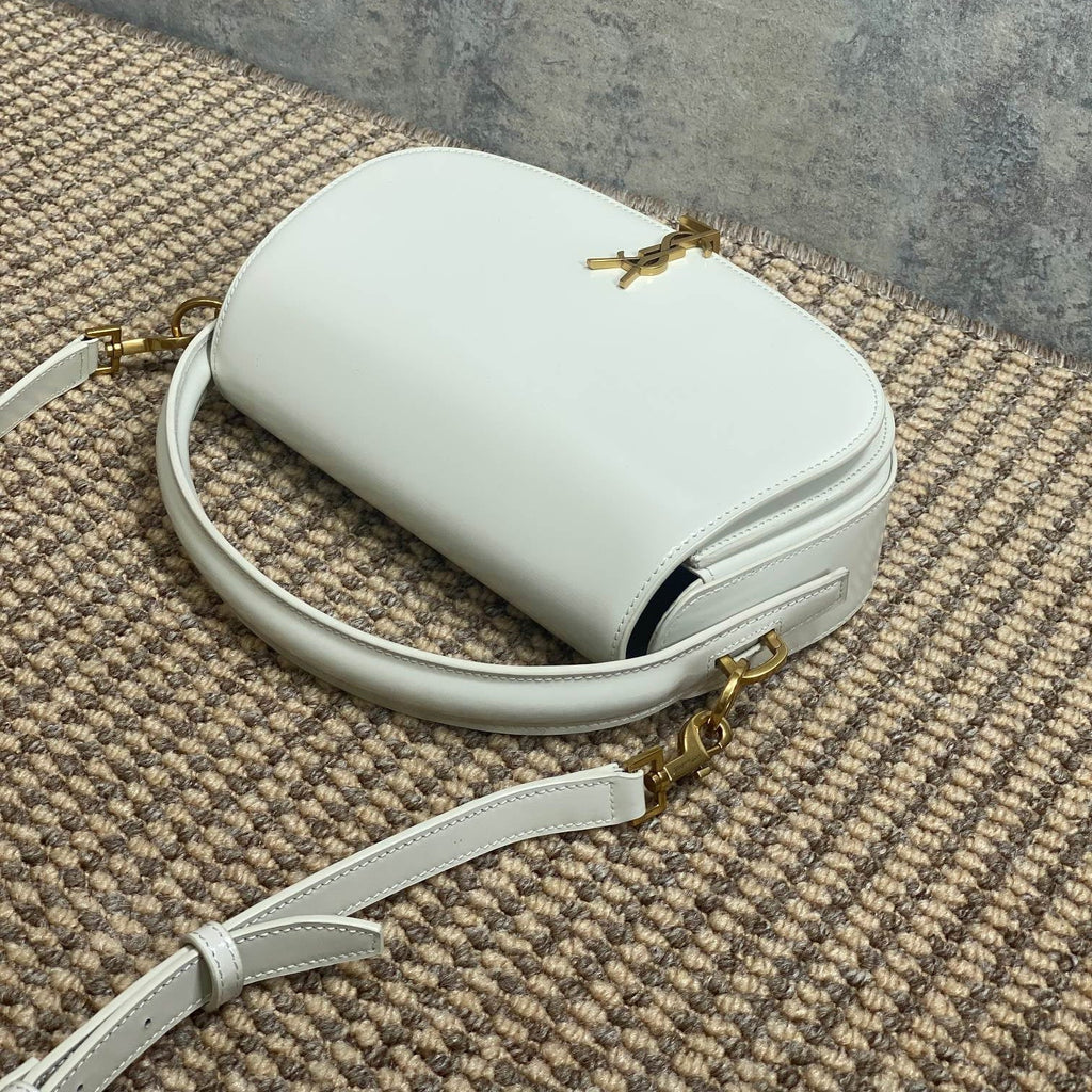Voltaire Half-Moon Shoulder Bag 24 in White Calfskin Gold Metallic