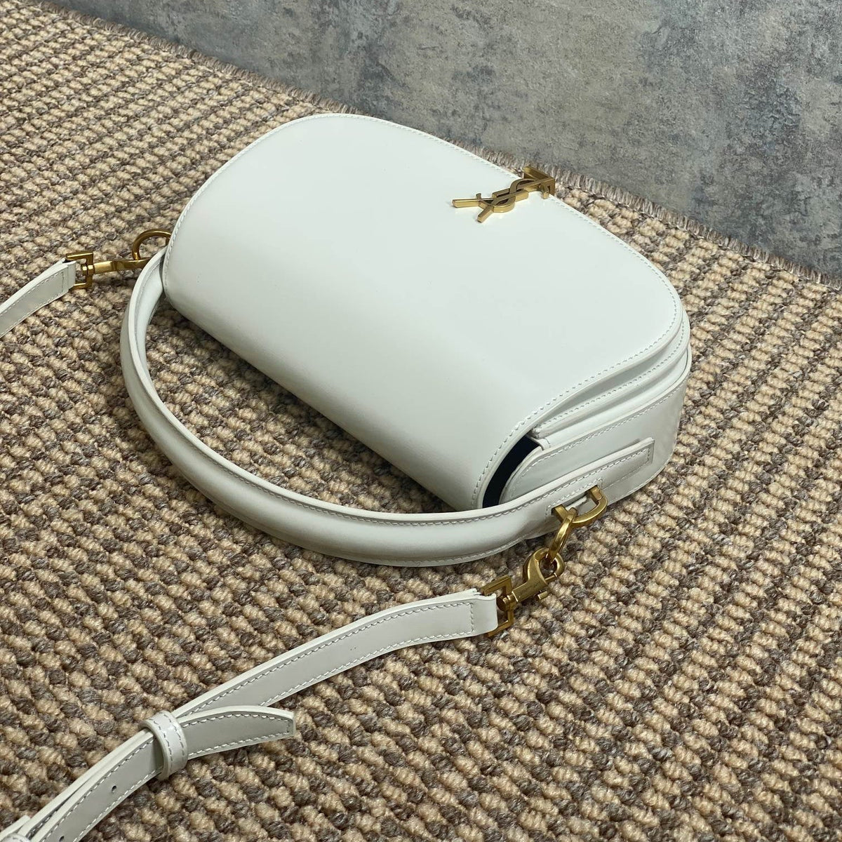 Voltaire Half-Moon Shoulder Bag 24 in White Calfskin Gold Metallic
