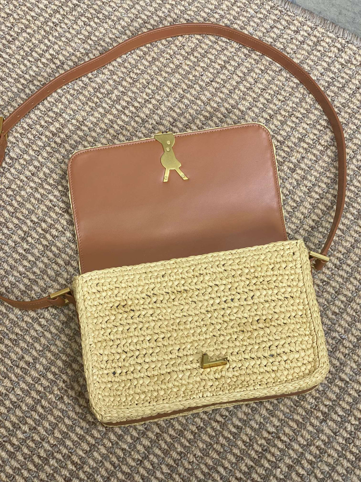 Saint Laurent Solferino Medium Crossbody Bag 23 in Beige Mix Brown Raffia