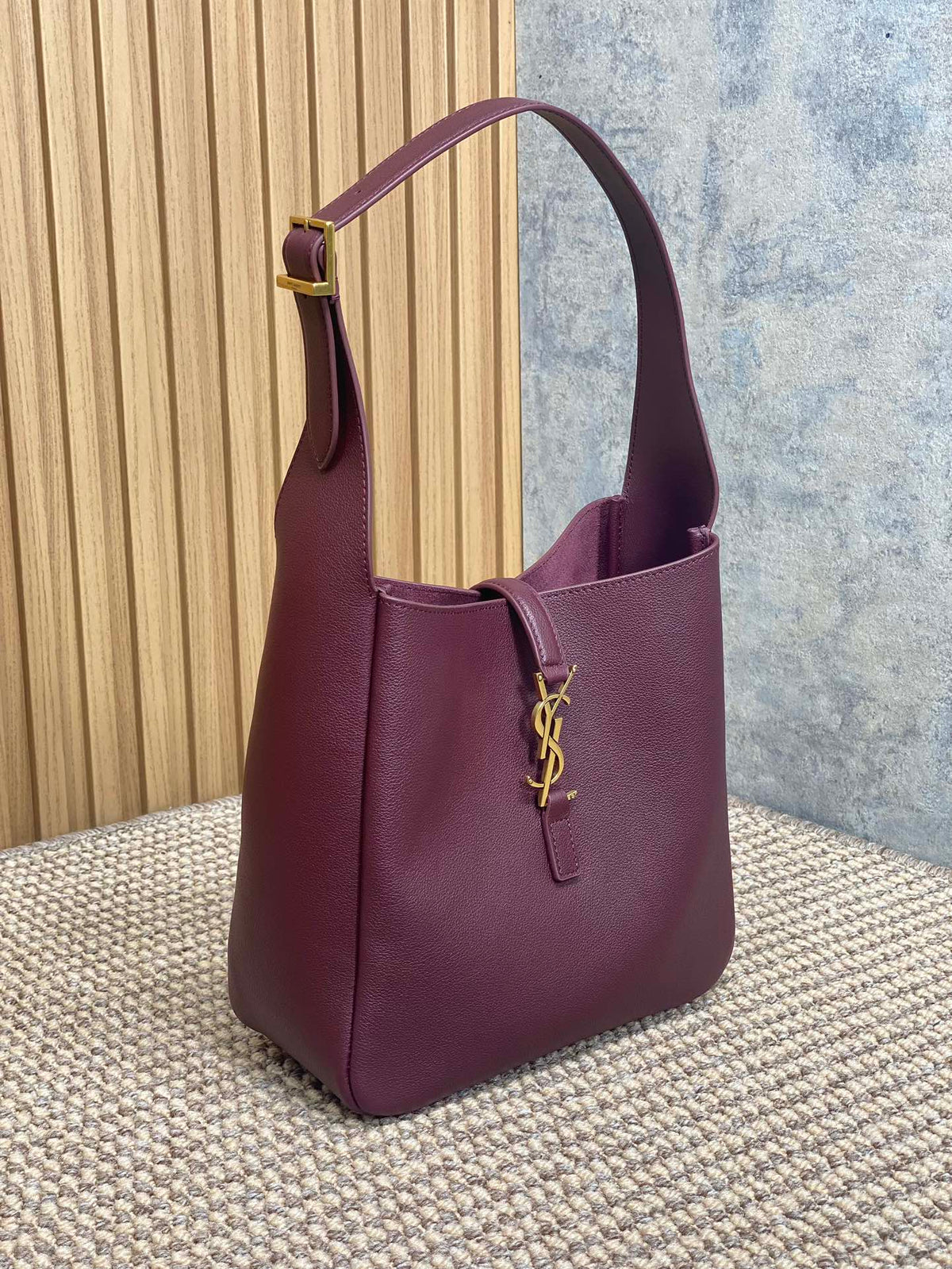 Saint Laurent Le 5 À 7 Small Supple 22 in Grape Purple Calfskin Gold Buckle Bag