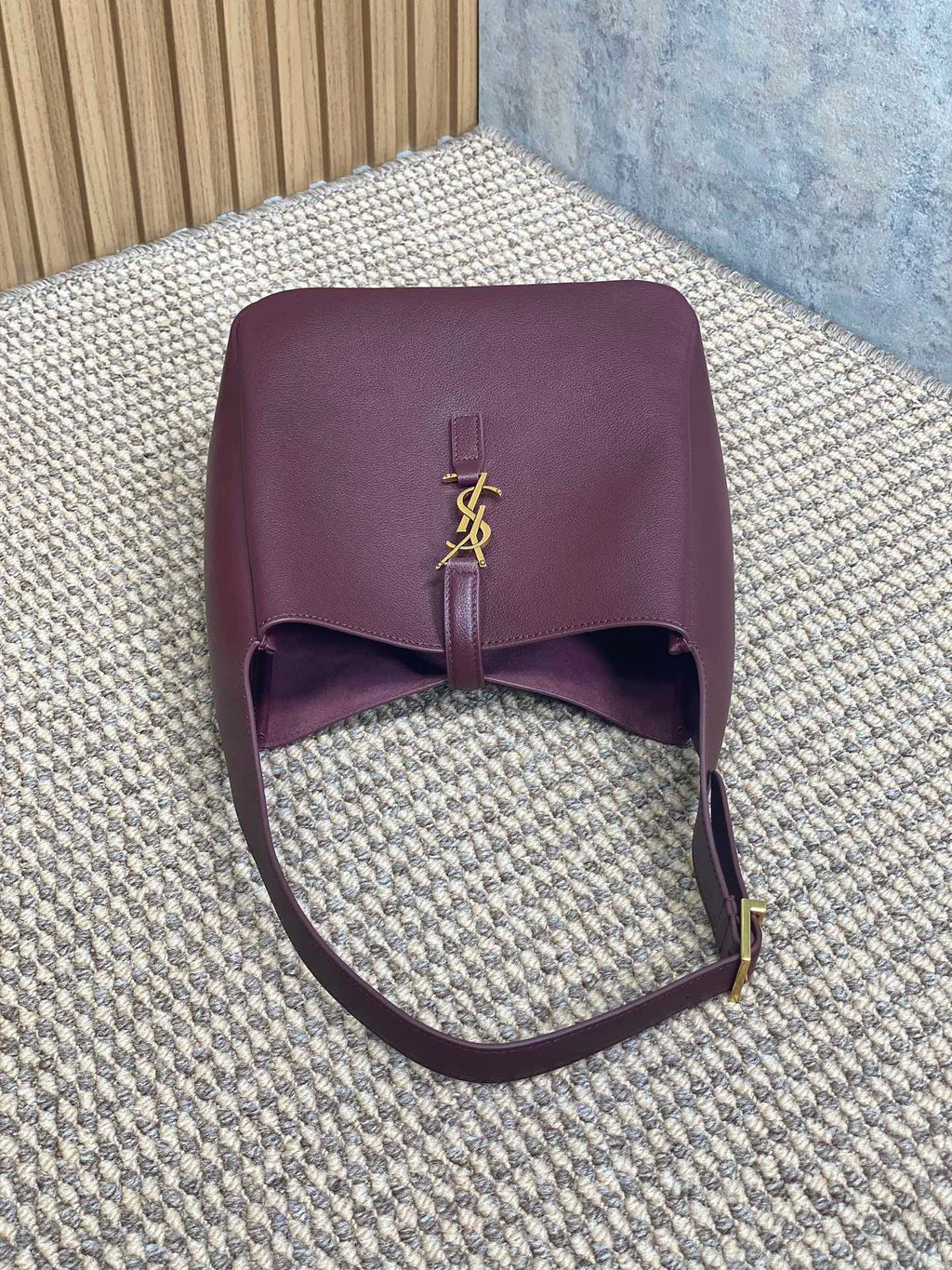 Saint Laurent Le 5 À 7 Small Supple 22 in Grape Purple Calfskin Gold Buckle Bag