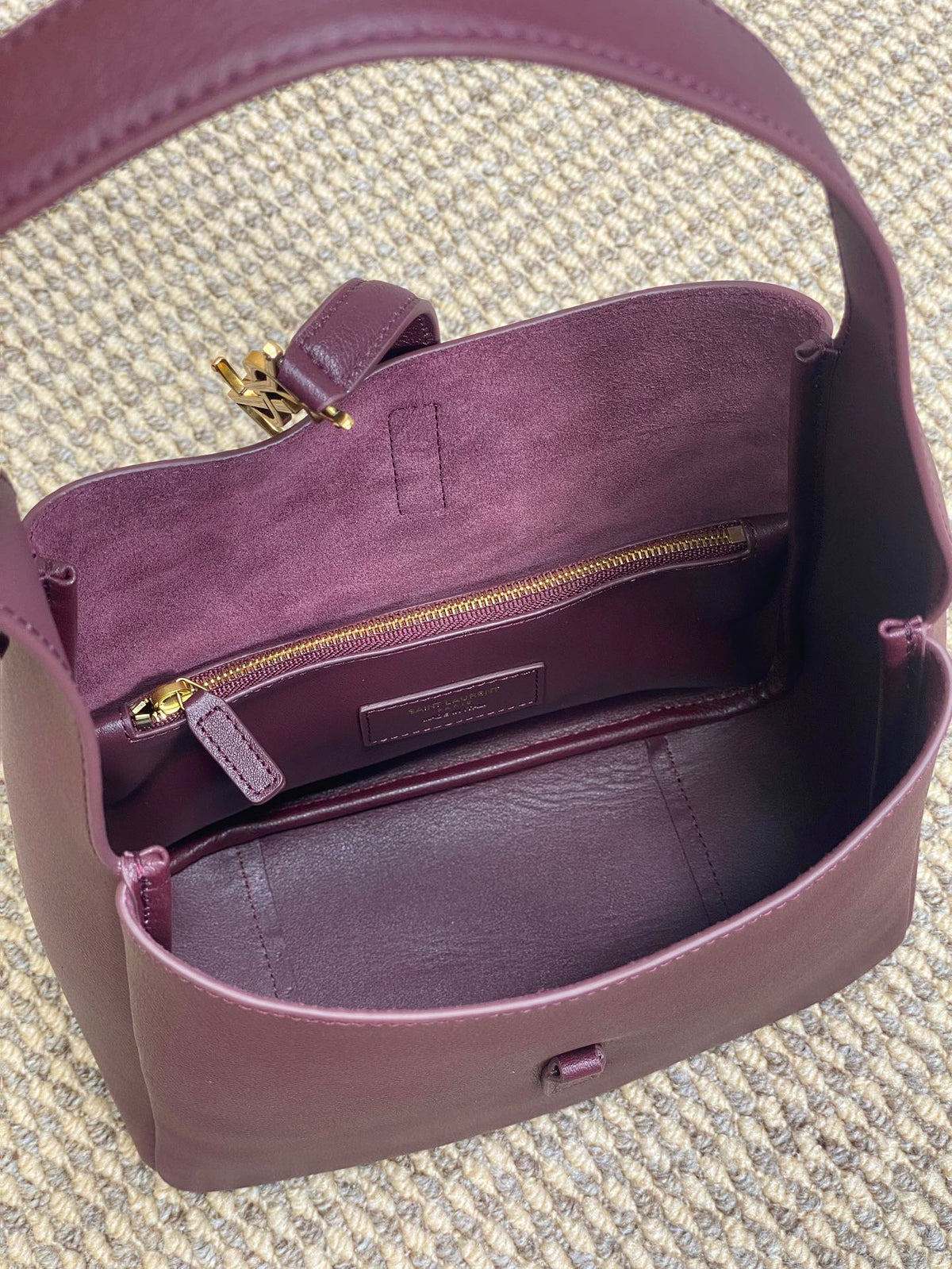 Saint Laurent Le 5 À 7 Small Supple 22 in Grape Purple Calfskin Gold Buckle Bag