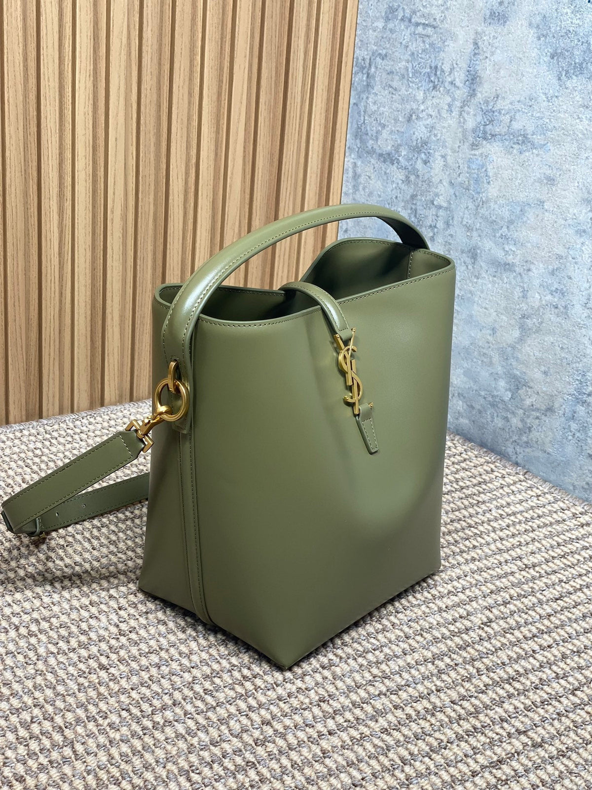 Saint Laurent Le 37 Medium Bucket Bag 25 in Avocado Green Calfskin Gold Hardware