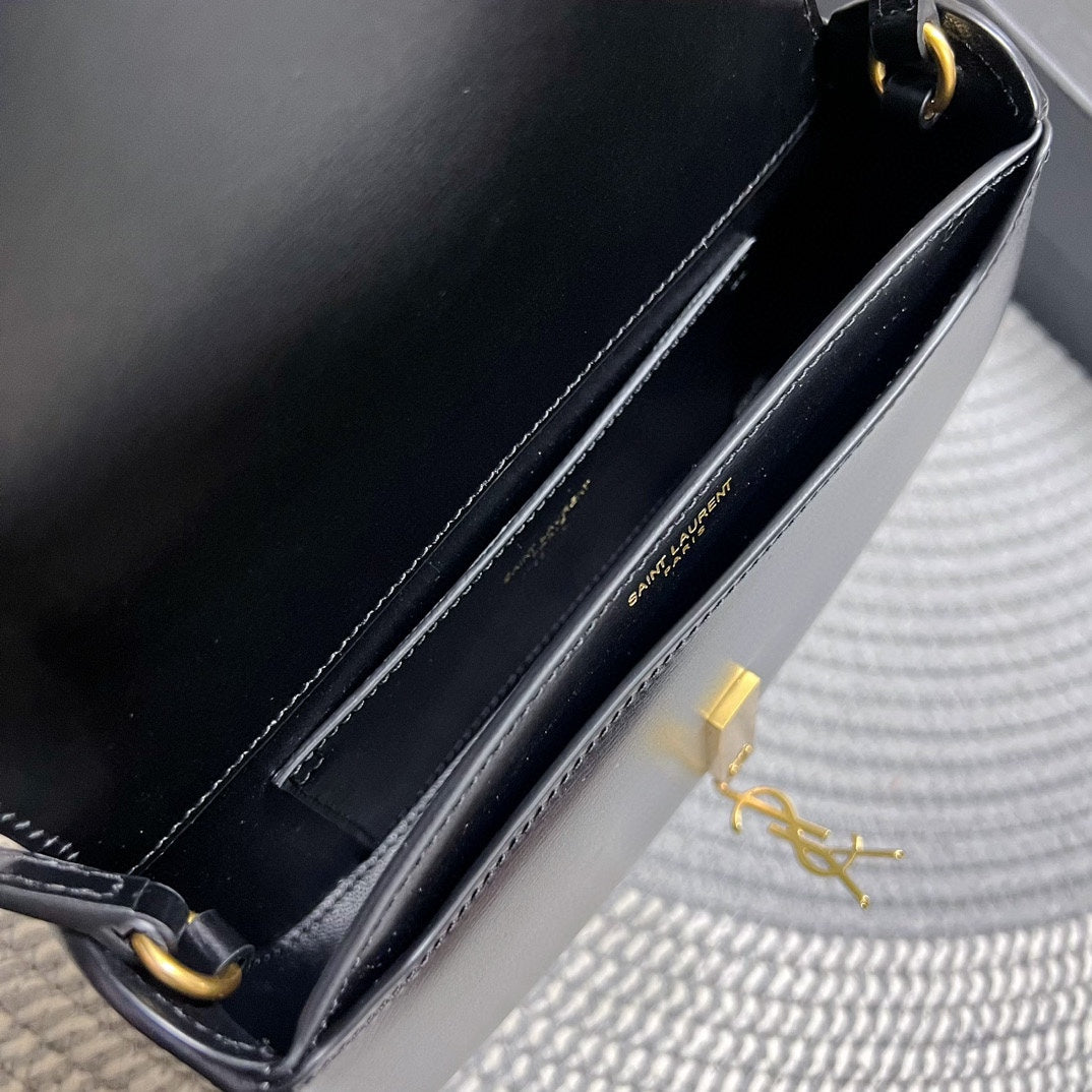Saint Laurent Voltaire in Box 21 in Black Calfskin Gold Logo Bag