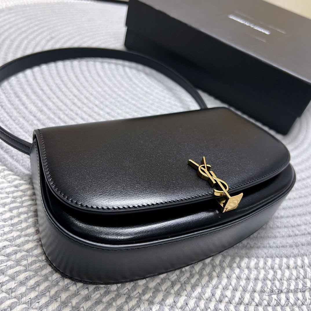 Saint Laurent Voltaire in Box 21 in Black Calfskin Gold Logo Bag