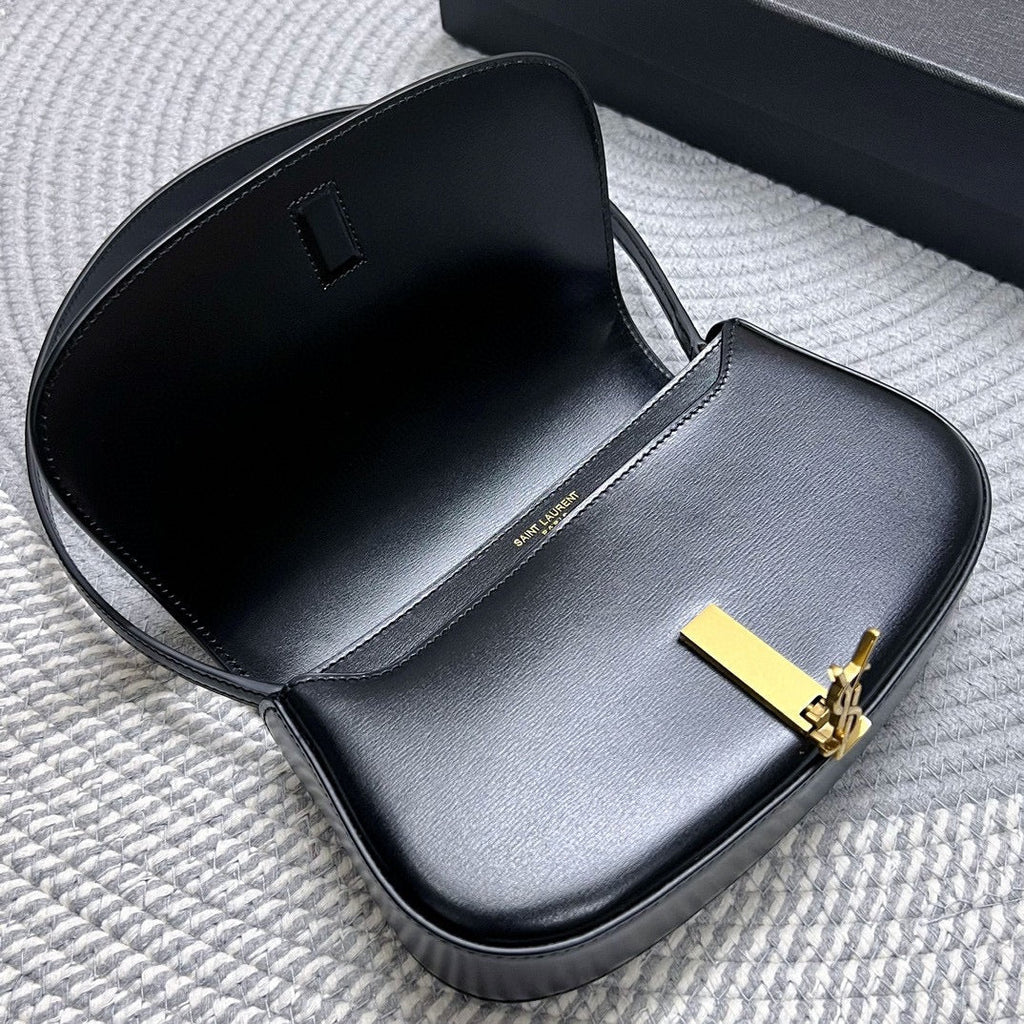 Saint Laurent Voltaire in Box 21 in Black Calfskin Gold Logo Bag