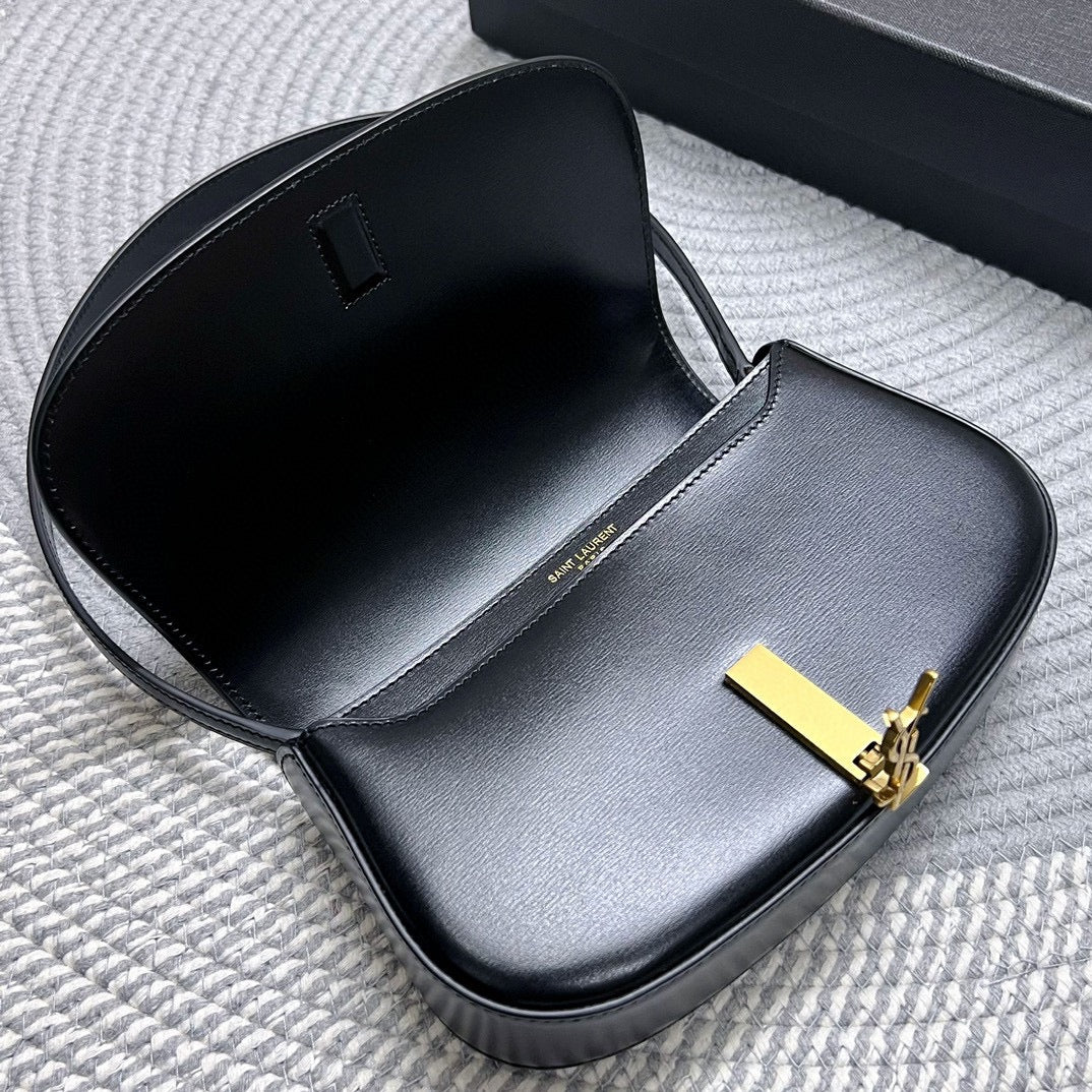 Saint Laurent Voltaire in Box 21 in Black Calfskin Gold Logo Bag