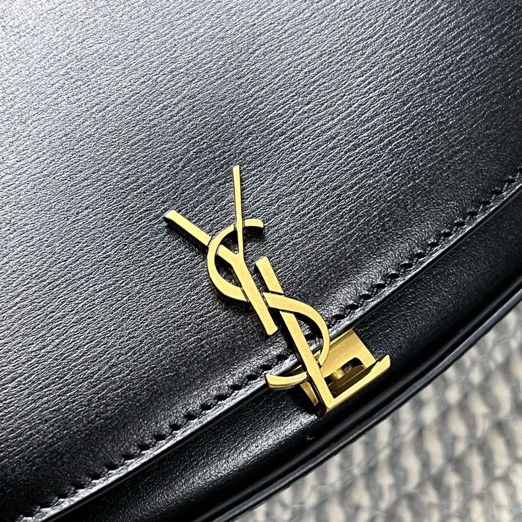 Saint Laurent Voltaire in Box 21 in Black Calfskin Gold Logo Bag