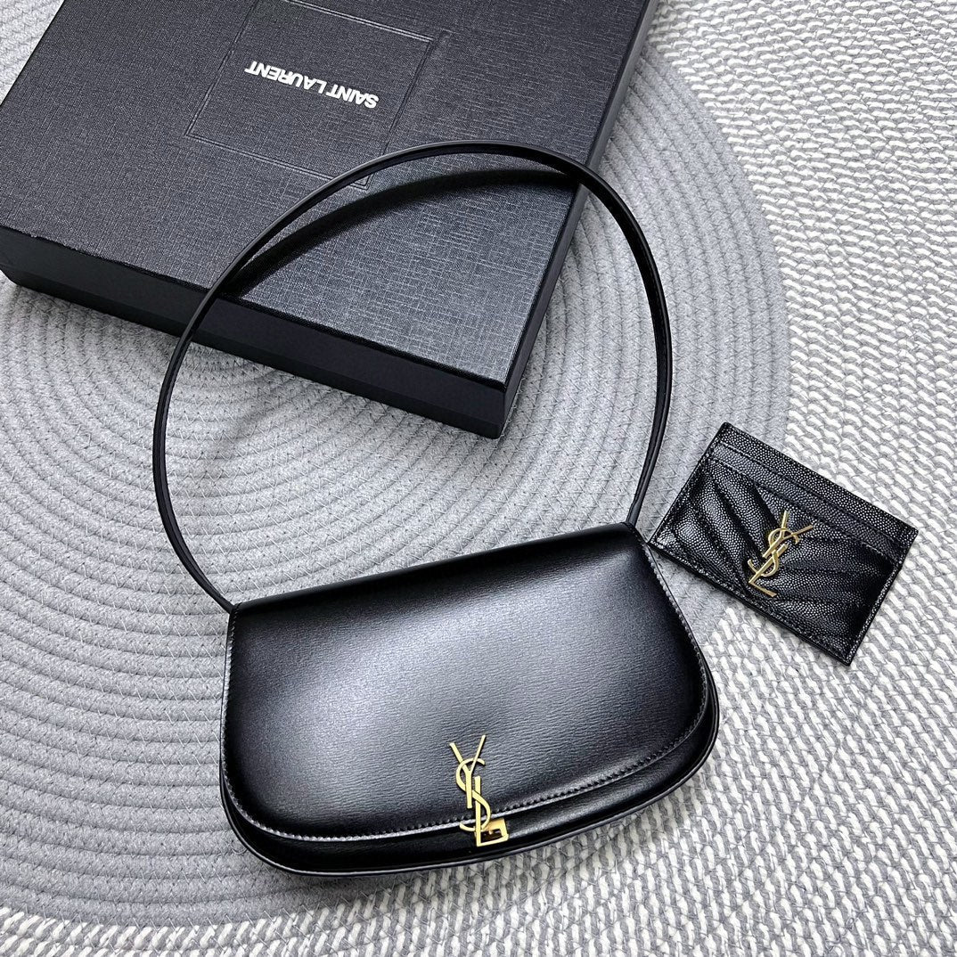Saint Laurent Voltaire in Box 21 in Black Calfskin Gold Logo Bag